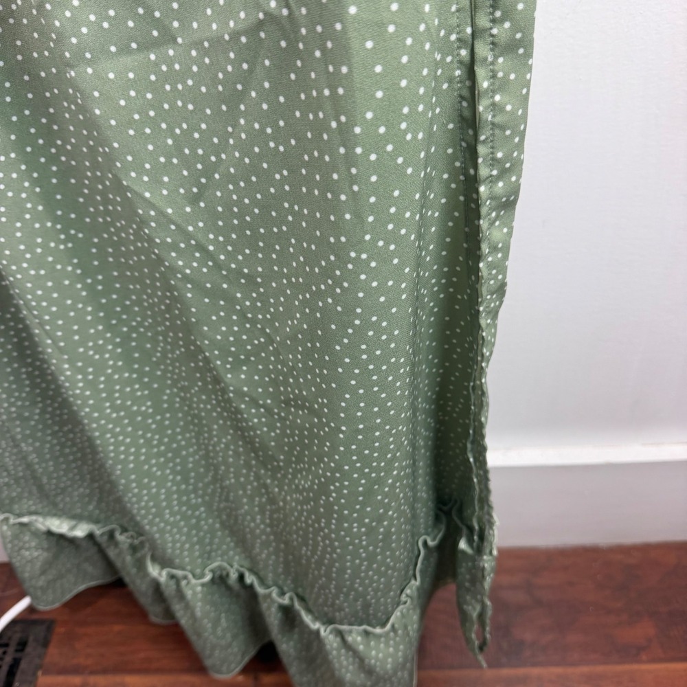 Simplee Sage Green Polka Dot Smocked Maxi Dress Ruffle Hem Boho Cottage Size L - Picture 7 of 13